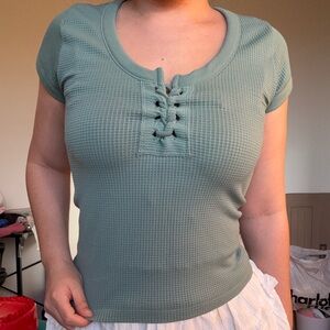 Sage Green Waffle-Knit Lace-Up Crop Top